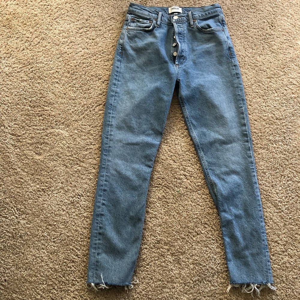 Agolde Nico High Rise Slim Button Fly Jeans 26 raw hem light wash organic